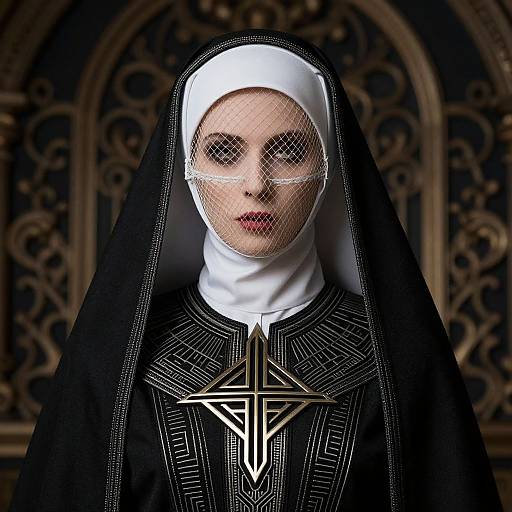 Digital art of a pale-skinned nun with piercing eyes, wearing a black habit with intricate patterns, white coif, and mesh veil, in front