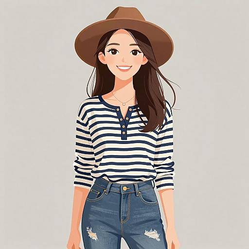 Smiling Woman in Casual Striped Outfit