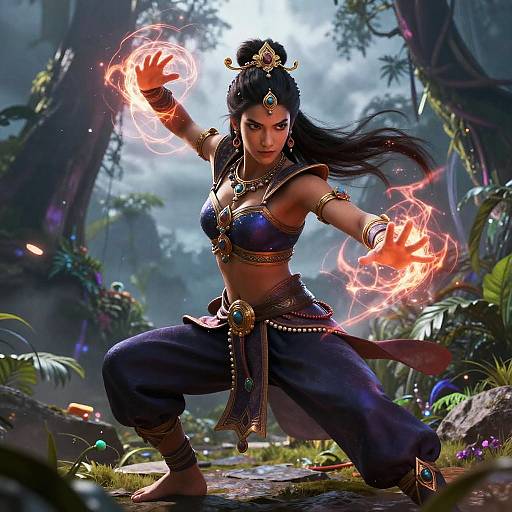 Digital artwork of a fierce, dark-skinned, South Asian woman in a magical forest, conjuring fiery orbs with outstretched arms, wearing orn