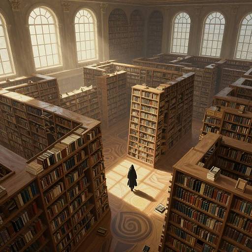 Aerial photograph of a sunlit, grand library with tall arched windows, wooden bookshelves, and a solitary figure in a black coat walking