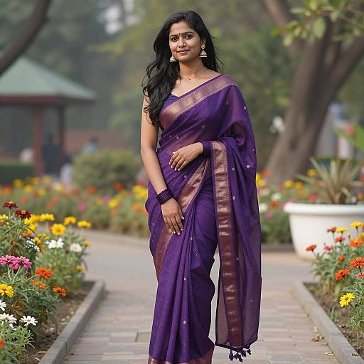 Indian Woman in Purple Saree in Garden
