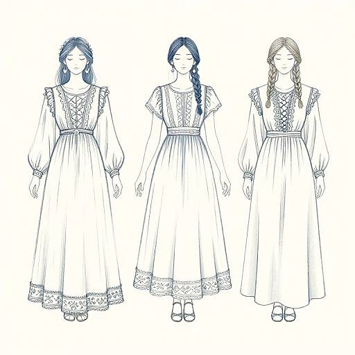 Digital line drawing of three women in long, embroidered, medieval-style dresses with puffed sleeves and lace trim, standing side by side.