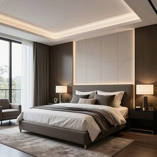 Modern bedroom photograph featuring a large bed with white and gray bedding, two black nightstands with lamps, and a large window.
