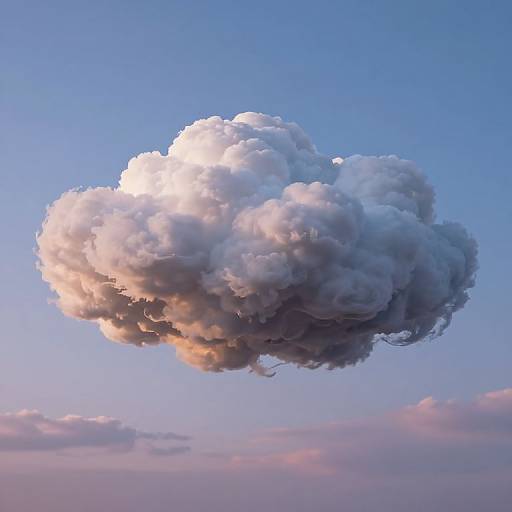 Photorealistic CGI of a massive, fluffy white cloud with pinkish hues floating in a clear blue sky.