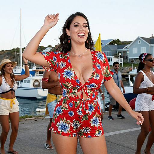 Photograph of a smiling woman with dark hair, wearing a red floral romper with deep neckline, waving at a waterfront marina. People in summer