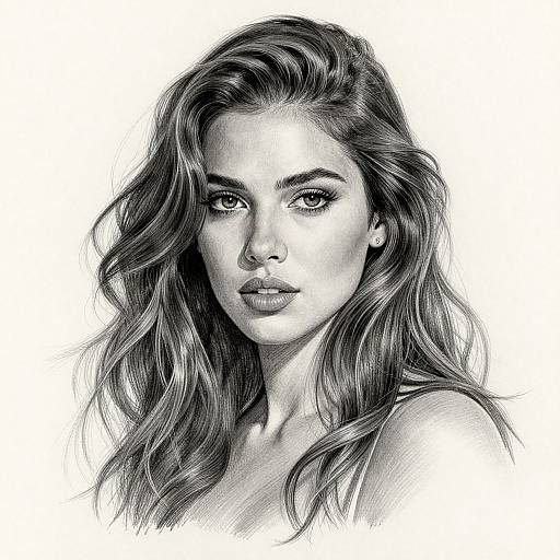 Monochrome digital pencil drawing of a beautiful woman with wavy, shoulder-length hair, piercing eyes, and full lips, gazing directly at the viewer