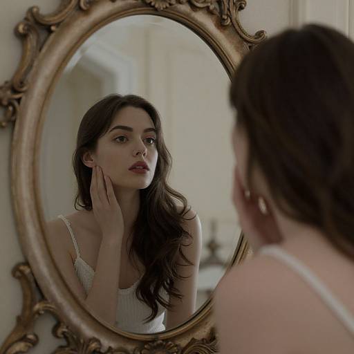 Photograph of a young woman with long, dark brown hair, wearing a white tank top, gazing intently at her reflection in an ornate