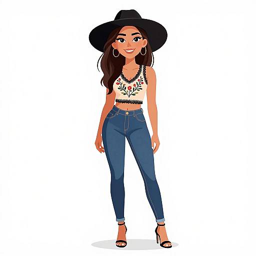 Digital illustration of a smiling woman with long brown hair, wearing a black wide-brim hat, white lace crop top, blue high-waisted jeans