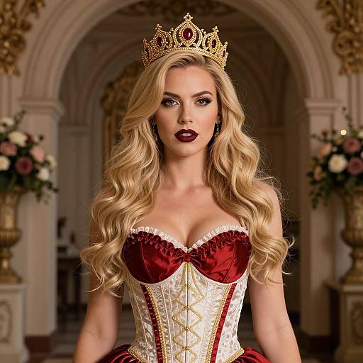Photograph of a blonde woman with wavy hair, wearing a gold crown, red and white corset, and dark lipstick, standing in an orn