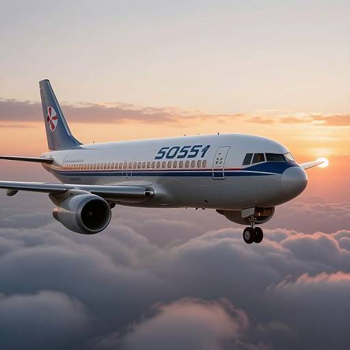Photograph of a Singapore Airlines Boeing 777 jet flying above a sea of clouds at sunset, with vibrant orange and pink sky.