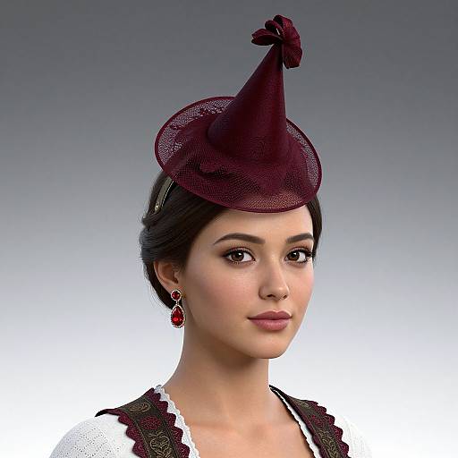 Photograph-style digital illustration of a woman with fair skin, dark hair in a bun, wearing a maroon hat with a bow, red teard