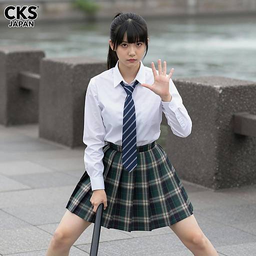 Asian Woman in Striped Tie and Skirt