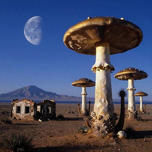 Photograph of giant mushrooms with textured caps, surrounded by a desert landscape, moon in the clear blue sky, and a small, dilapidated stone
