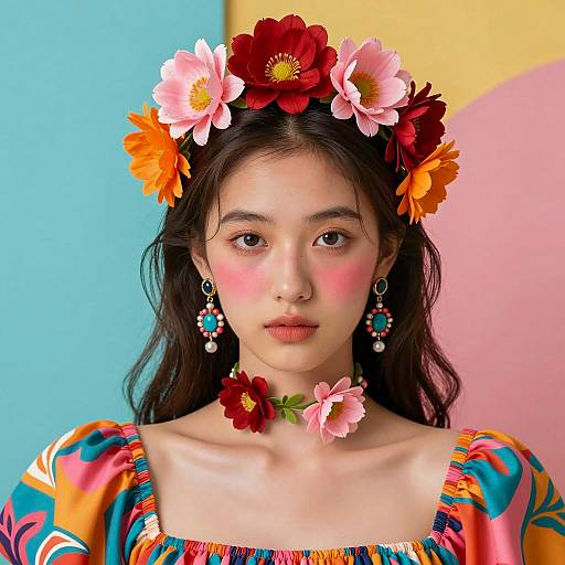 Young Woman with Floral Headpiece and Colorful Dress