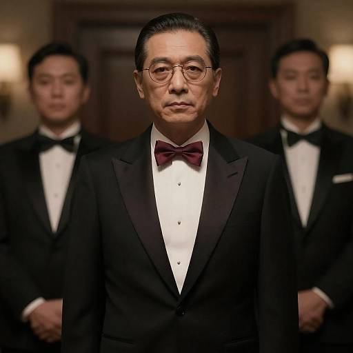 Photograph of an older Asian man in a black tuxedo with a burgundy bow tie, flanked by two younger men in similar attire,