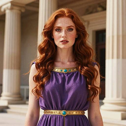Photograph of a fair-skinned woman with long, wavy red hair, wearing a purple dress with a gold and turquoise belt, standing in front