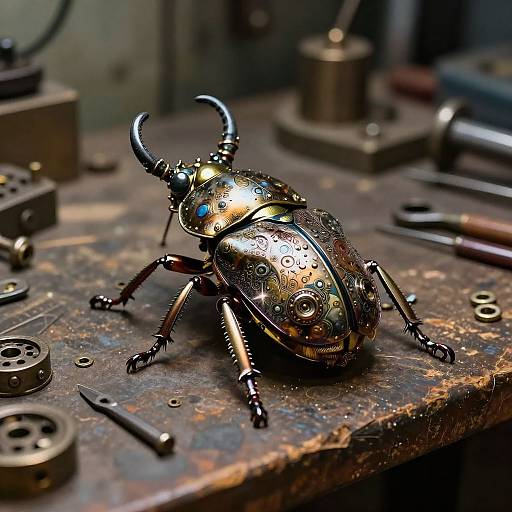 Photograph of a metallic, intricately detailed, handcrafted beetle sculpture on a rustic, cluttered workbench with tools and metal discs.