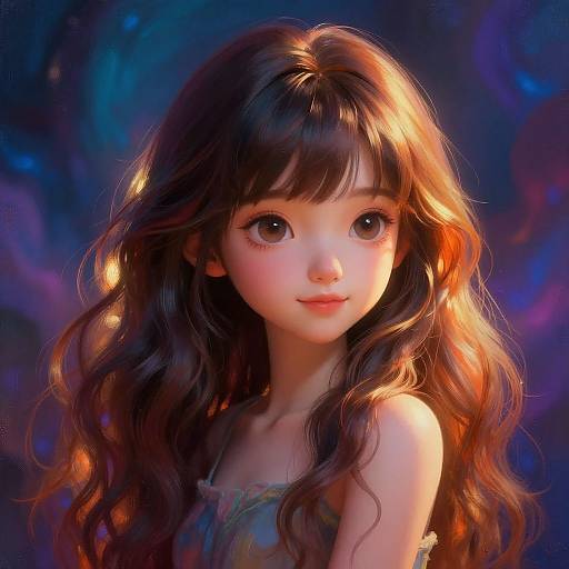 Digital painting of a young, anime-style girl with large, expressive eyes, long wavy brown hair, and a soft smile, set against a vibrant