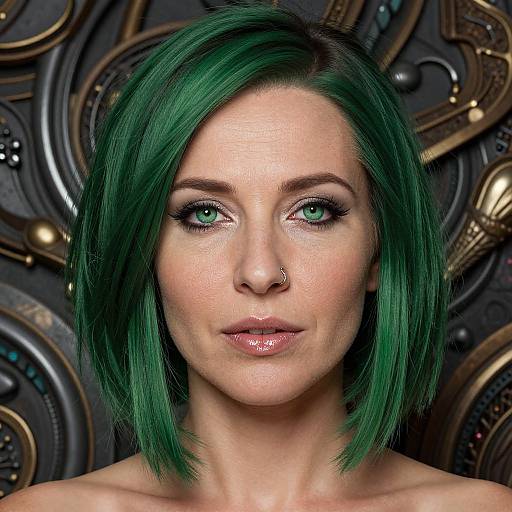 Photorealistic portrait of a woman with green bob haircut, green eyes, nose piercing, glossy lips, and metallic patterned background.