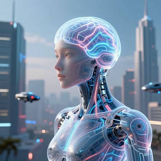 CGI image of a futuristic, glowing blue and pink humanoid robot woman with a neon-lit head, standing in a cyberpunk cityscape with flying