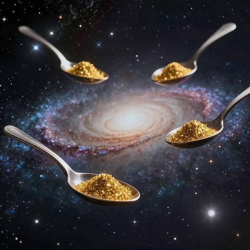 Photograph of four silver spoons filled with sparkling golden glitter floating against a starry, colorful galaxy background with a bright central spiral galaxy.