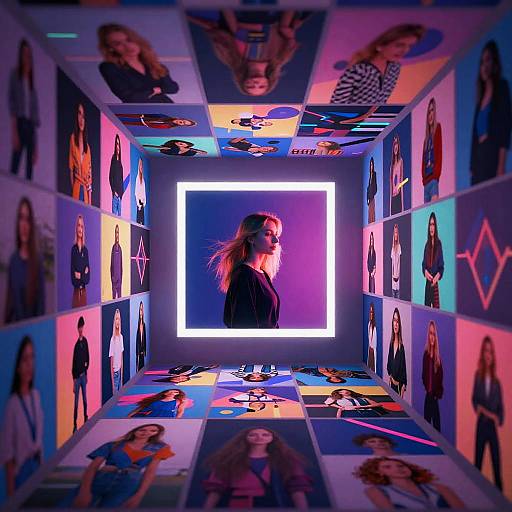 Photograph of a narrow, neon-lit hallway with mirrored portraits of women on each wall, leading to a bright, glowing square centered on the back
