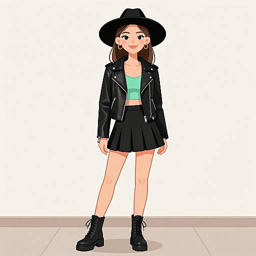 Digital anime-style drawing of a smiling young woman wearing a black hat, green crop top, black leather jacket, skirt, and boots.