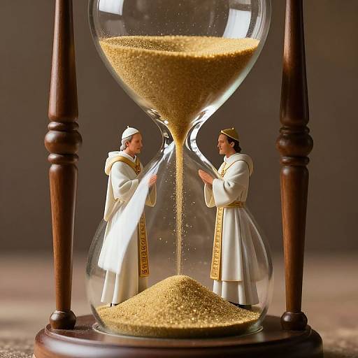 Photograph of two miniature, white-robed clerics with golden stoles and mitres, pouring golden sand into a large, hourglass. Dark