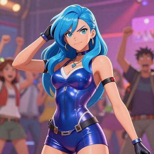 Digital anime-style drawing of a blue-haired woman in a shiny blue leather bodysuit, black gloves, and armbands, smiling confidently at a