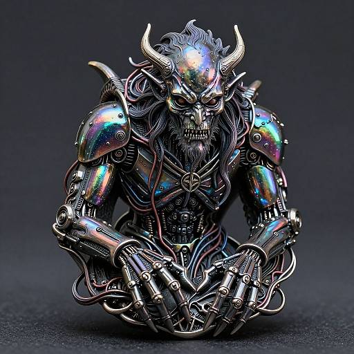 Digital art of a metallic, horned, skeletal warrior with iridescent armor, sitting cross-legged. Glowing eyes and intricate mechanical details against a
