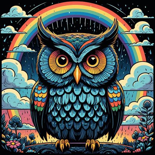 Whimsical Owl with Rainbow Clouds
