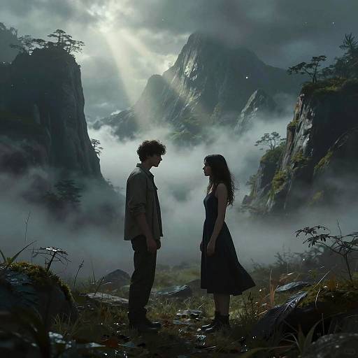 Digital artwork: Silhouetted couple stands in misty, rocky landscape with towering cliffs and sun rays; dark, moody colors, ethereal