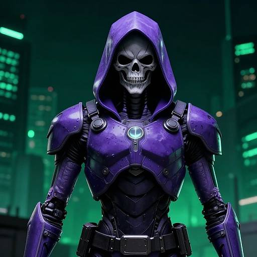 Digital art of a skeletal figure in dark purple, futuristic armor with a hood, glowing blue emblem, and glowing cityscape background.