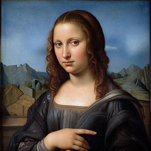 Photorealistic painting of a young woman with wavy brown hair, fair skin, and blue eyes, wearing a dark blue dress, against a mountain