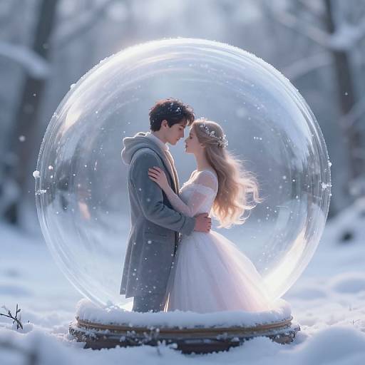 Photograph of a couple in a snow-covered forest, enclosed in a glowing glass snow globe, wearing a white dress and grey suit, kissing tenderly