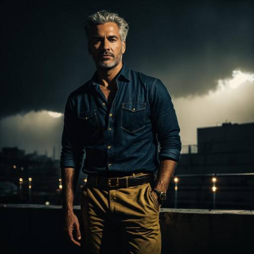 Man with Salt-and-Pepper Hair on Urban Rooftop at Dawn