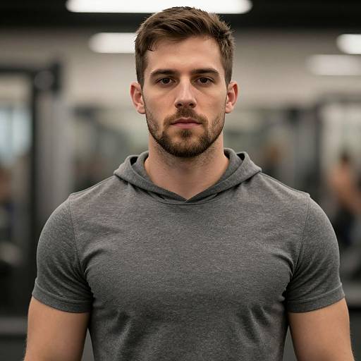 Photograph of a handsome, bearded Caucasian man with short brown hair, wearing a gray V-neck hoodie, standing in a blurred gym background.