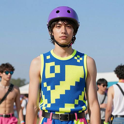 Young Man in Colorful Pixelated Sleeveless Top and Purple Helmet