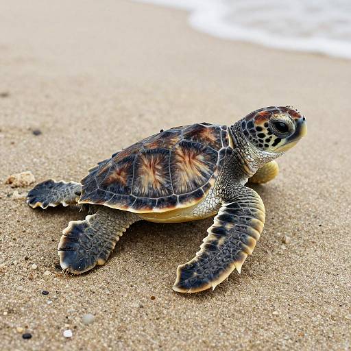 Photograph of a detailed sea turtle with brown and orange-speckled shell, textured skin, and outstretched flippers on sandy beach near gentle