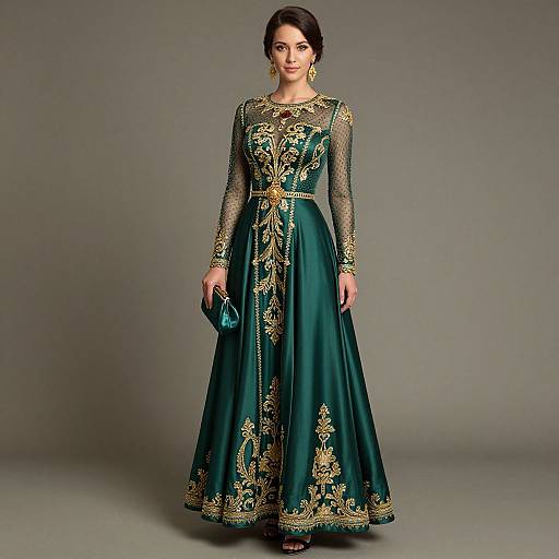 Photograph of a woman in a long, green, gold-embroidered traditional dress with sheer sleeves, holding a teal clutch, against a plain