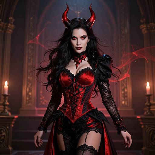 Digital artwork of a seductive, pale-skinned woman with black hair and red devil horns, wearing a red and black corset with lace sleeves,