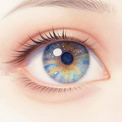 Close-up photograph of a striking blue eye with yellow and white iris patterns, long black eyelashes, and clear white reflection.