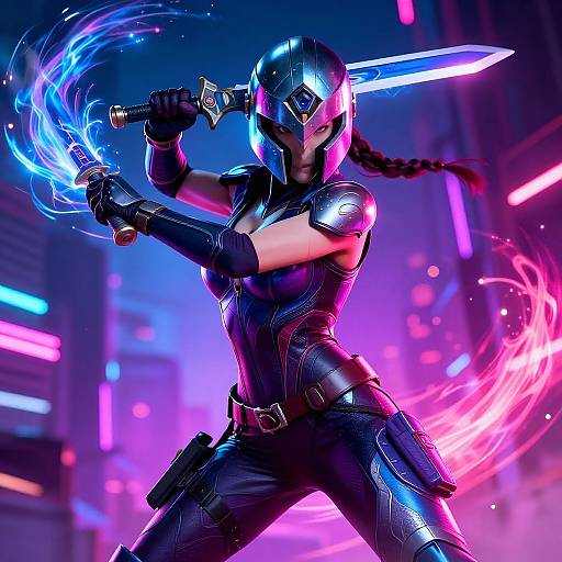 Digital art of a female warrior in futuristic armor, wielding a glowing sword with blue and pink energy swirls, in a neon-lit cityscape.