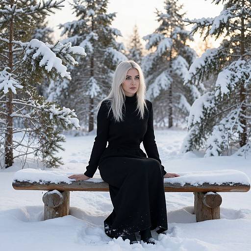 Photograph of a pale-skinned woman with long white hair, wearing a black turtleneck and long black skirt, seated on a snow-covered wooden