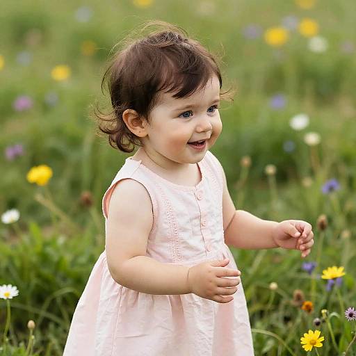 Photograph of a smiling, chubby, dark-haired toddler in a pink sleeveless dress, standing in a vibrant, green meadow with colorful flowers.