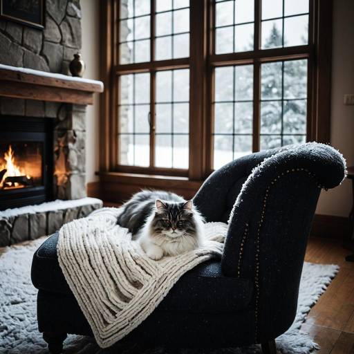 Cozy Living Room with Cat by Fireplace