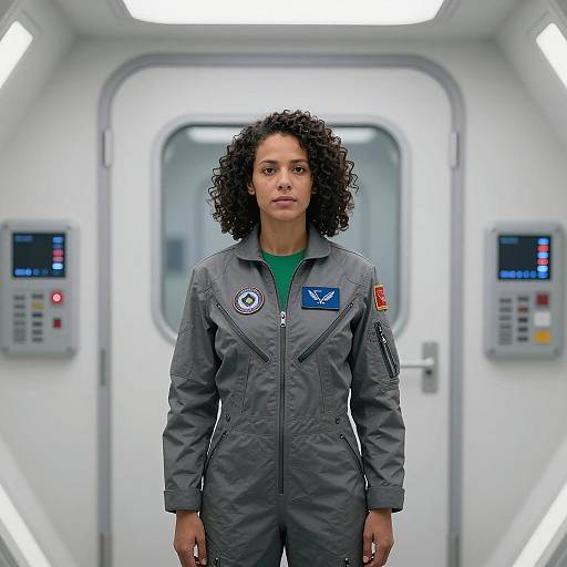 Woman in Flight Suit in Futuristic Spaceship Corridor