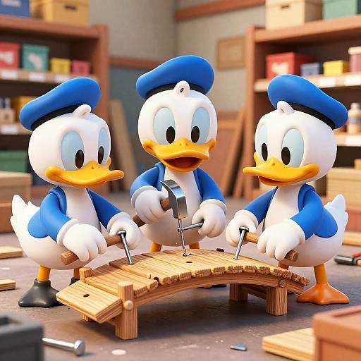 Anthropomorphic Ducks Building a Bridge
