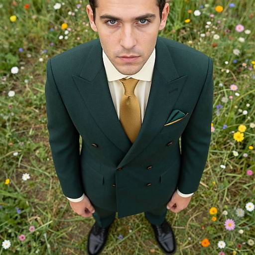 Photograph of a young man with short dark hair, wearing a black double-breasted suit, gold tie, and white shirt, standing in a grass
