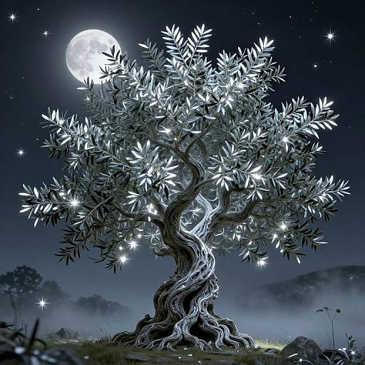 Digital art of a glowing, ethereal tree with star-like leaves under a full moon, set against a starry, misty night sky.